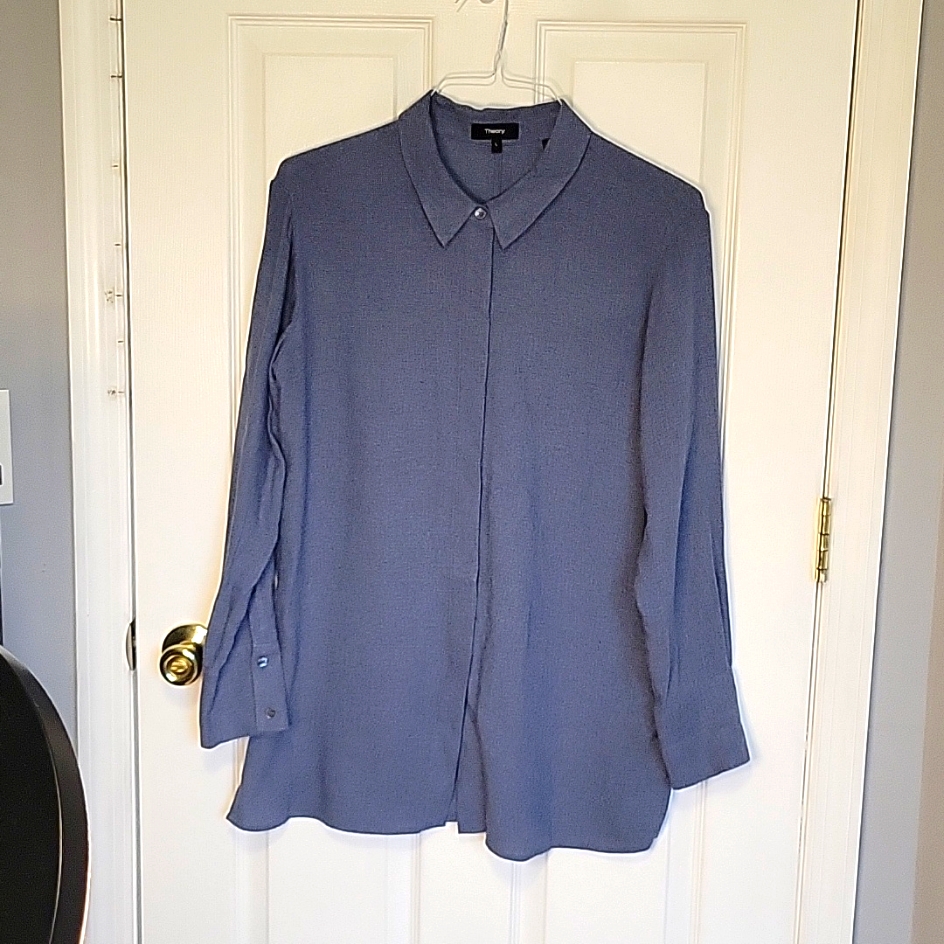 Theory Blue Grey Cotton. Minimalist Button Down Long Line Top Large